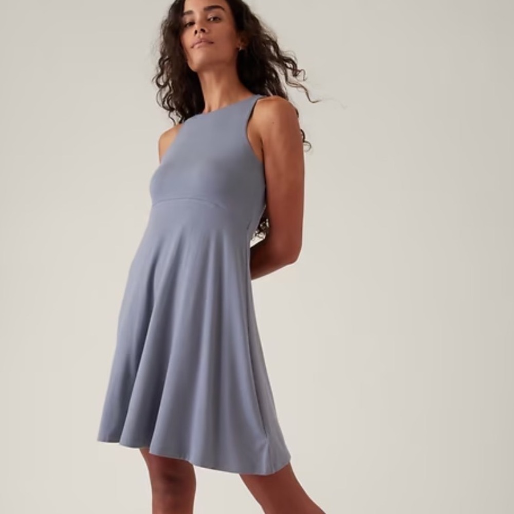 NWT Athleta Santorini Thera Dress Blue Grey Sleeveless | Medium Tall